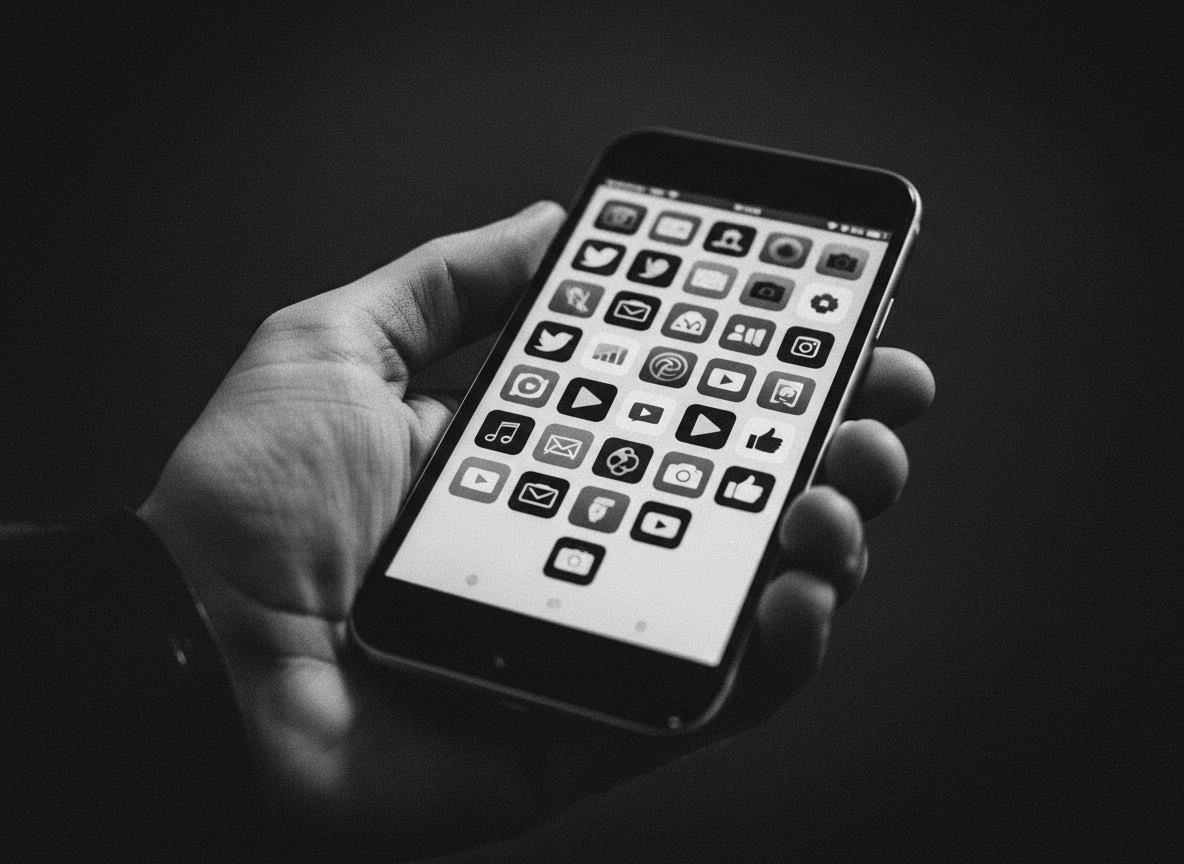 Black and white photograph of a smartphone screen showing a grid of social media app icons held in a hand, high contrast monochrome editorial