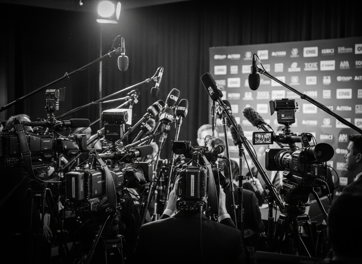 Black and white photograph of television cameras and microphones at a press conference, editorial photojournalism, high contrast monochrome