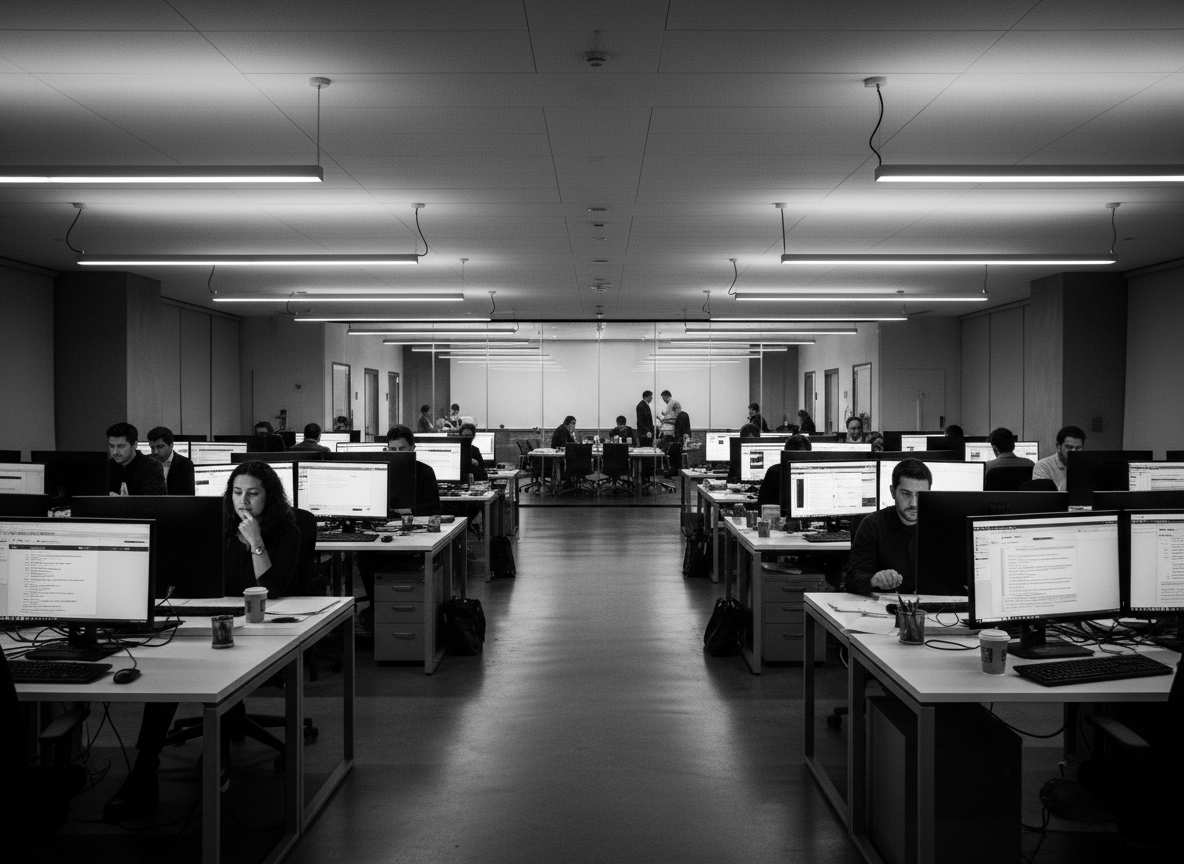 A dramatic, high-contrast black and white photograph of a modern newsroom — journalists at desks with screens glowing, editorial energy, overhead fluorescent lights casting strong shadows, cinematic editorial feel, wide angle